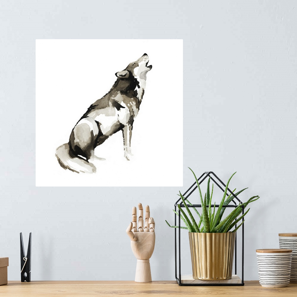 A bohemian room featuring Watercolor painting of a wolf against a white background.