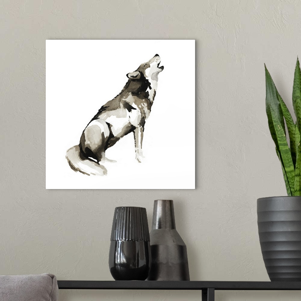 A modern room featuring Watercolor painting of a wolf against a white background.