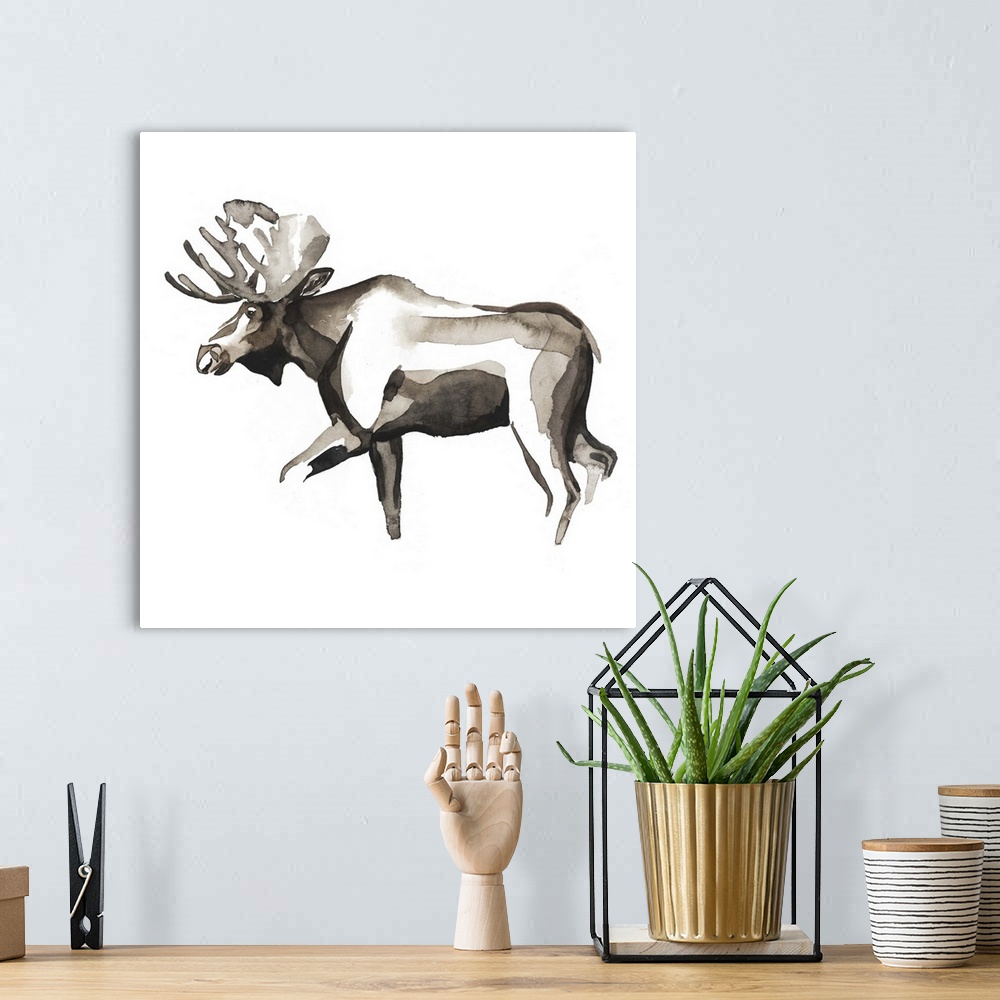 A bohemian room featuring Watercolor painting of a moose  against a white background.