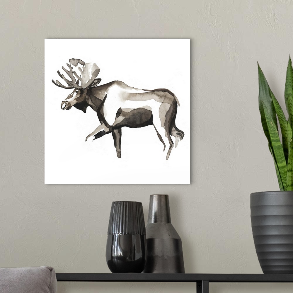 A modern room featuring Watercolor painting of a moose  against a white background.