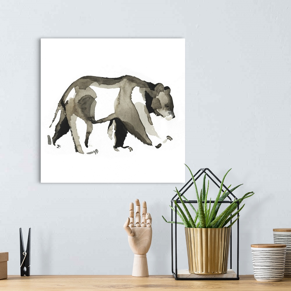 A bohemian room featuring Watercolor painting of a bear against a white background.