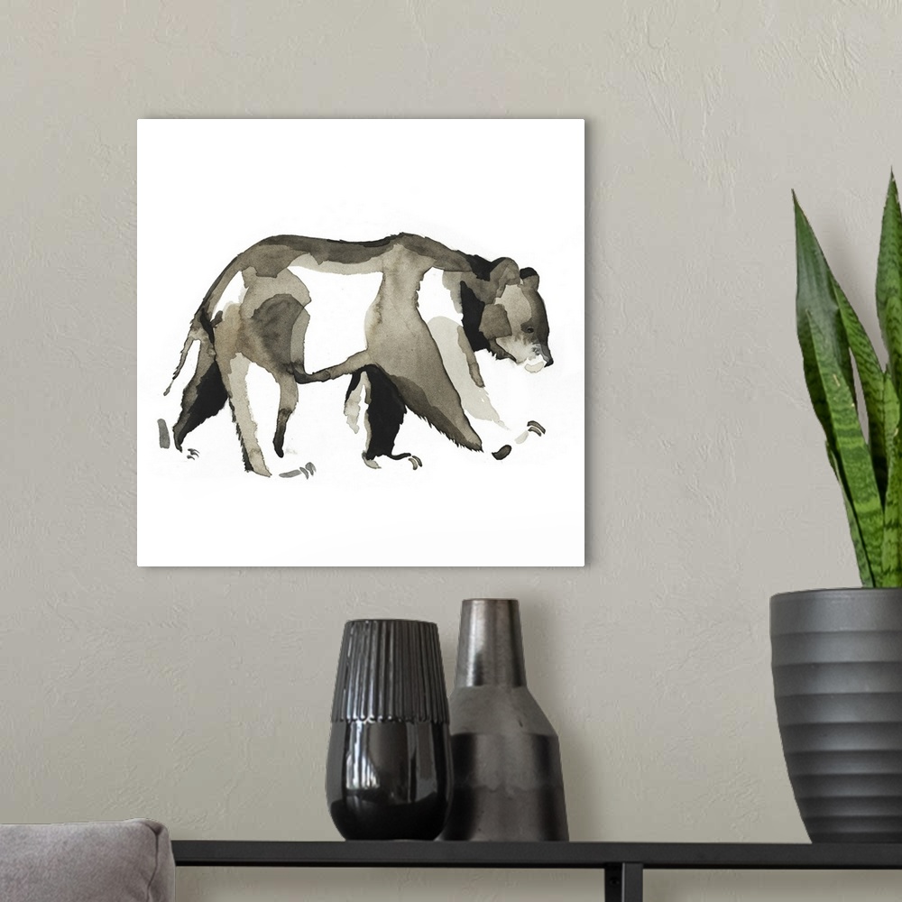 A modern room featuring Watercolor painting of a bear against a white background.