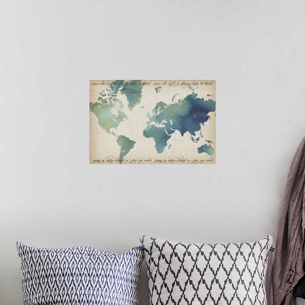 A bohemian room featuring Watercolor World Map