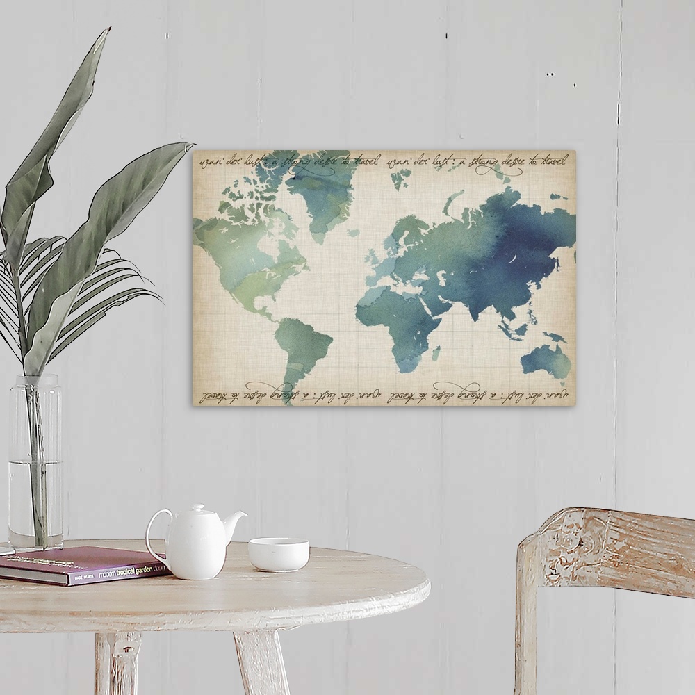 A farmhouse room featuring Watercolor World Map