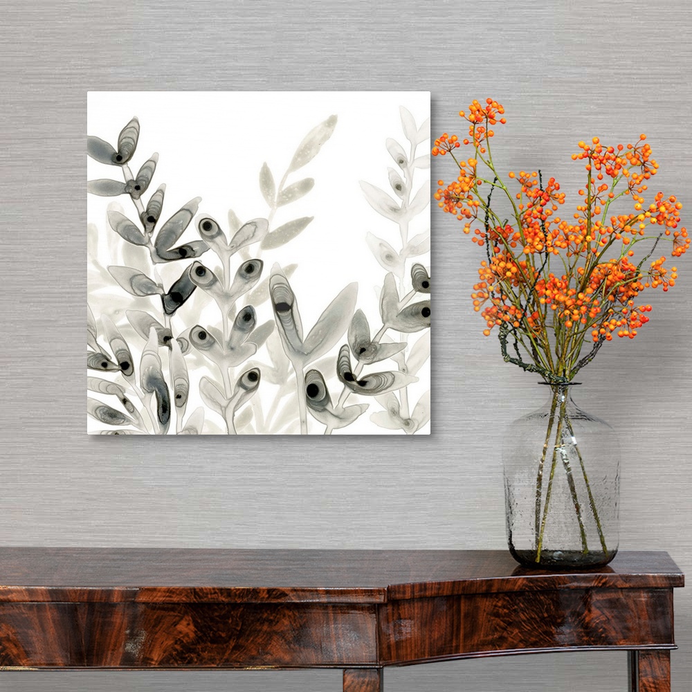 A traditional room featuring Watercolor painting of silhouetted foliage made in shades of gray with darker black areas, on a s...