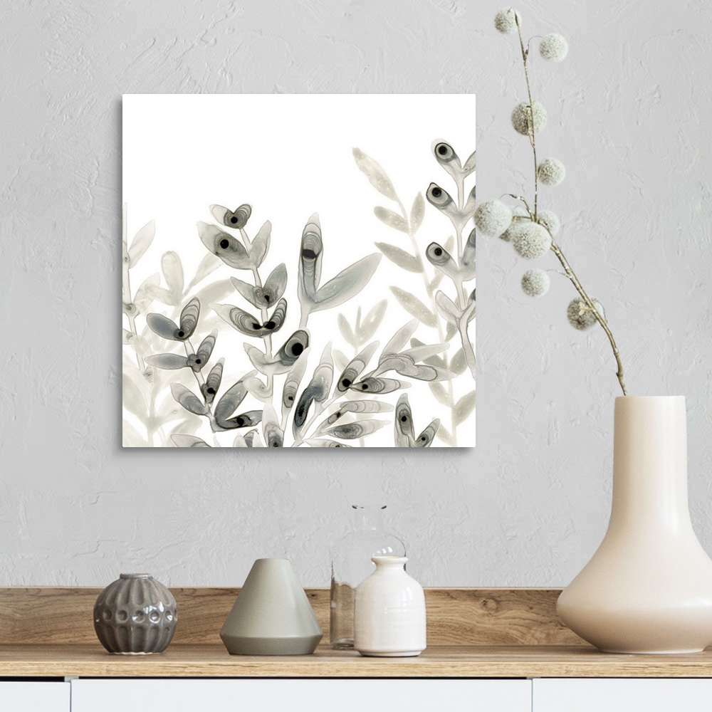 A farmhouse room featuring Watercolor painting of silhouetted foliage made in shades of gray with darker black areas, on a s...