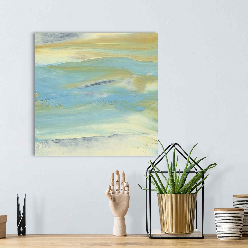 A bohemian room featuring Square abstract painting of water up close.