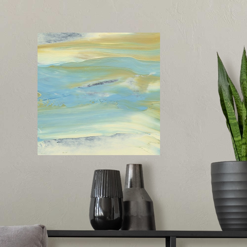 A modern room featuring Square abstract painting of water up close.