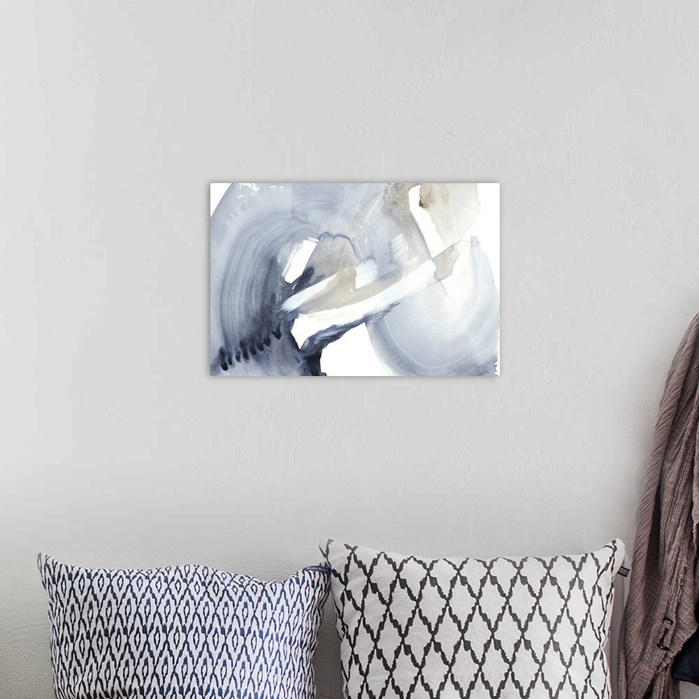 A bohemian room featuring Contemporary watercolor abstract painted to resemble a wave-like shape.
