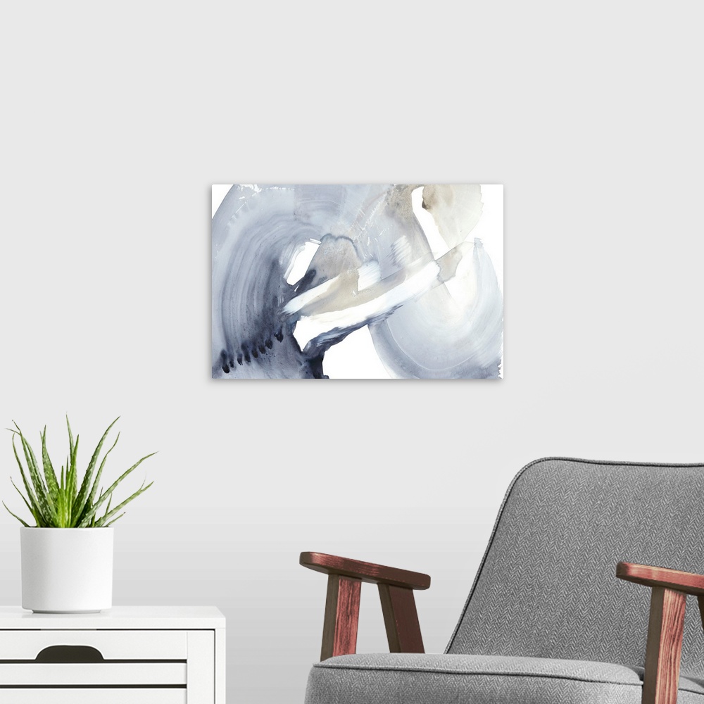 A modern room featuring Contemporary watercolor abstract painted to resemble a wave-like shape.