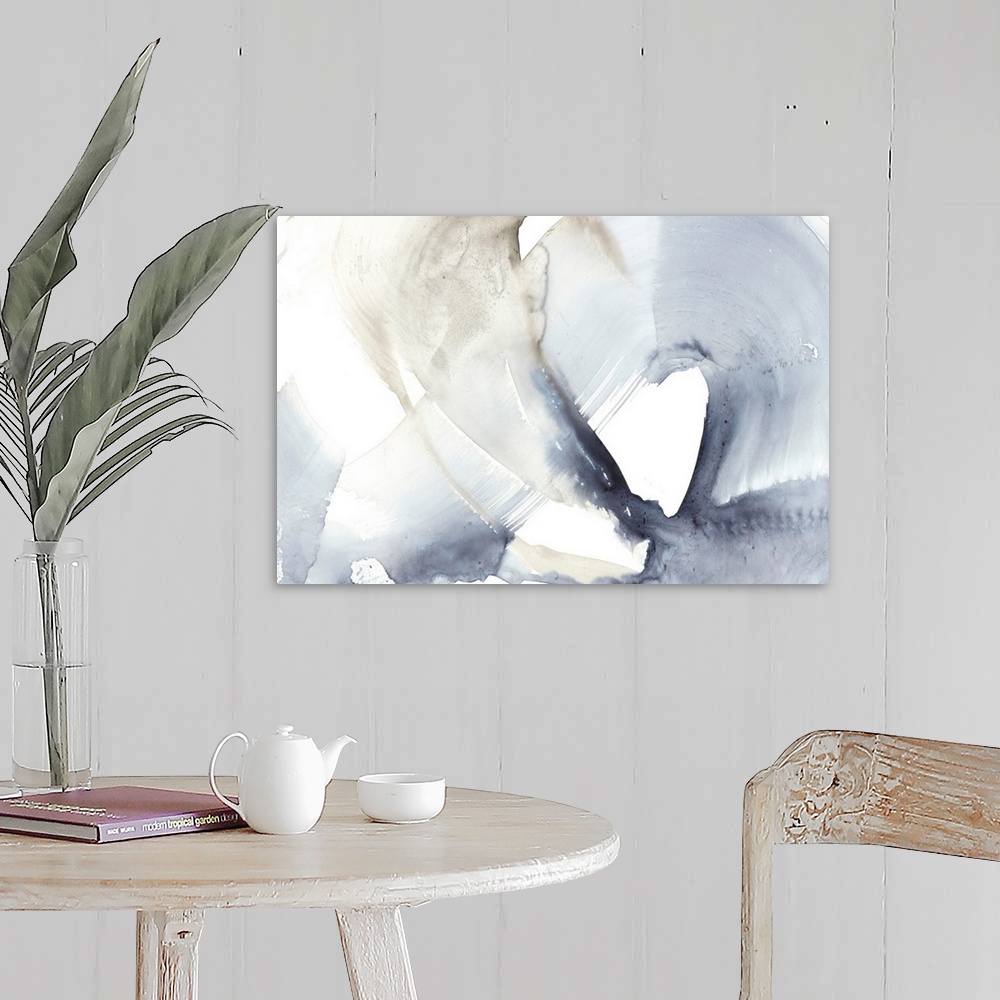 A farmhouse room featuring Contemporary watercolor abstract painted to resemble a wave-like shape.