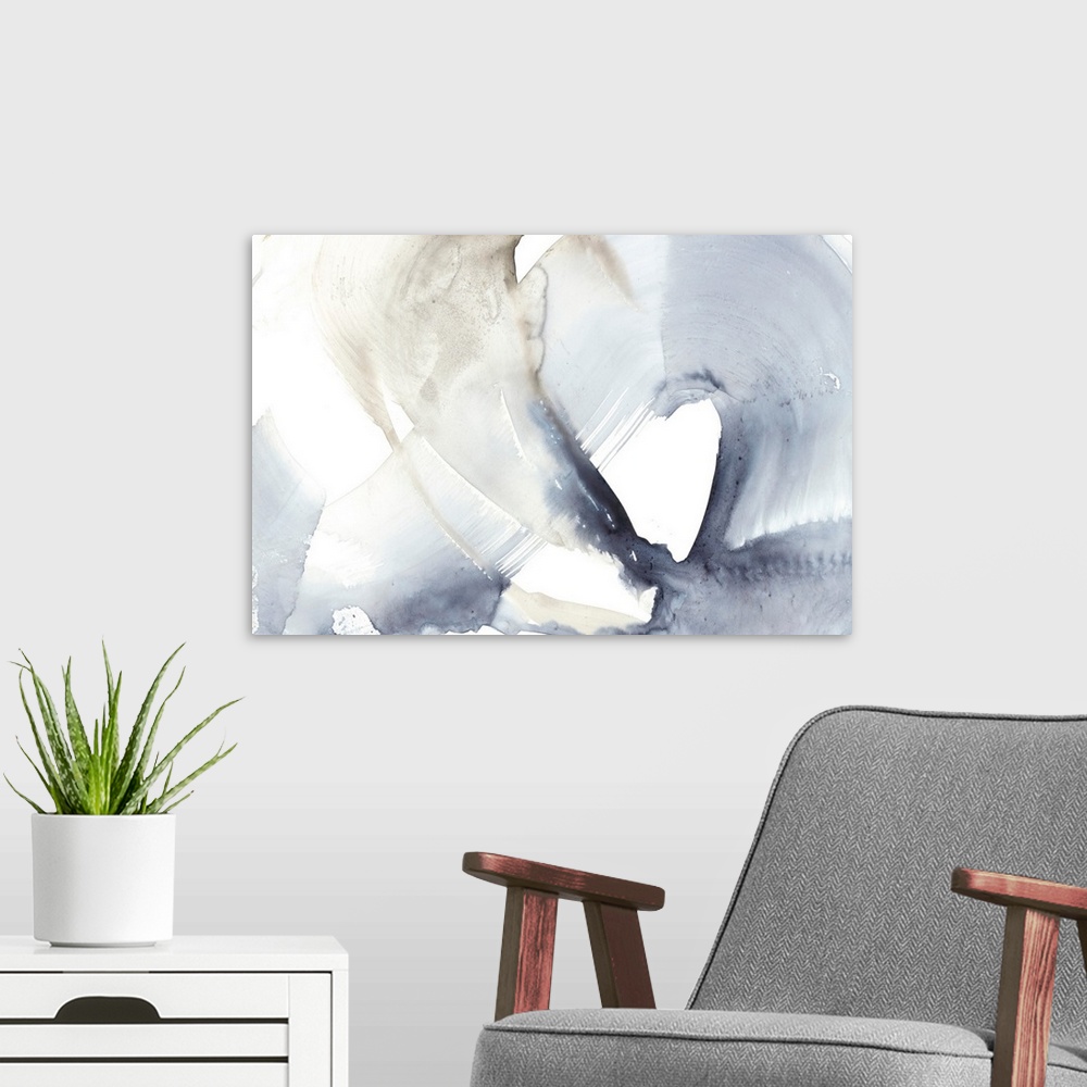 A modern room featuring Contemporary watercolor abstract painted to resemble a wave-like shape.