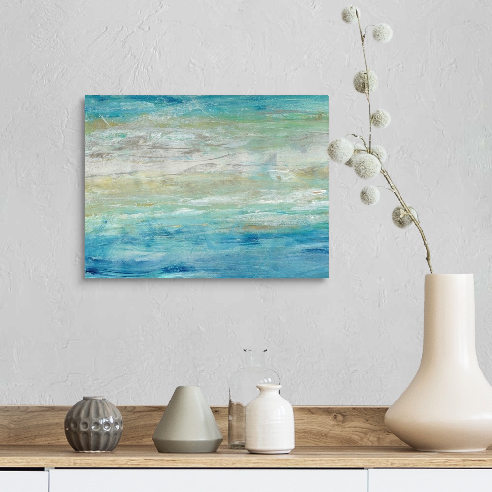 A farmhouse room featuring This abstract artwork expresses the turmoil of waves on the ocean by using a ranges of blues and ...
