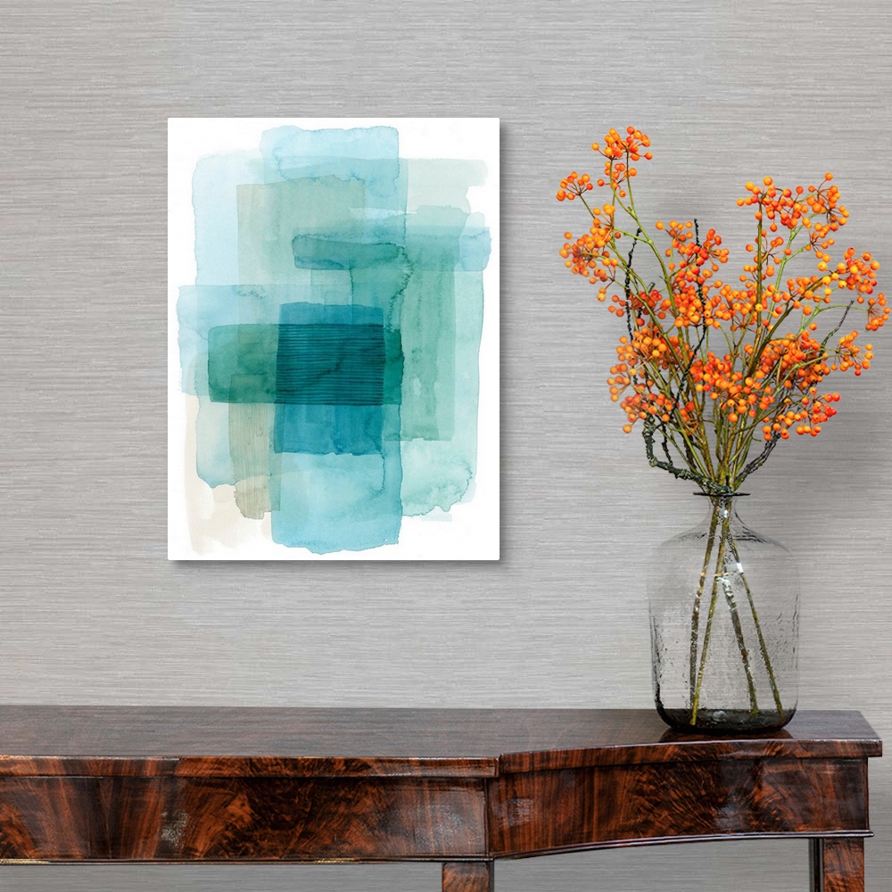 A traditional room featuring Contemporary watercolor abstract in shades of blue.