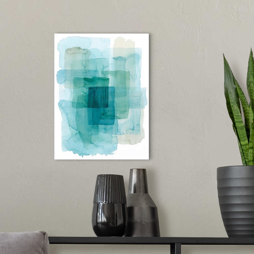 A modern room featuring Contemporary watercolor abstract in shades of blue.
