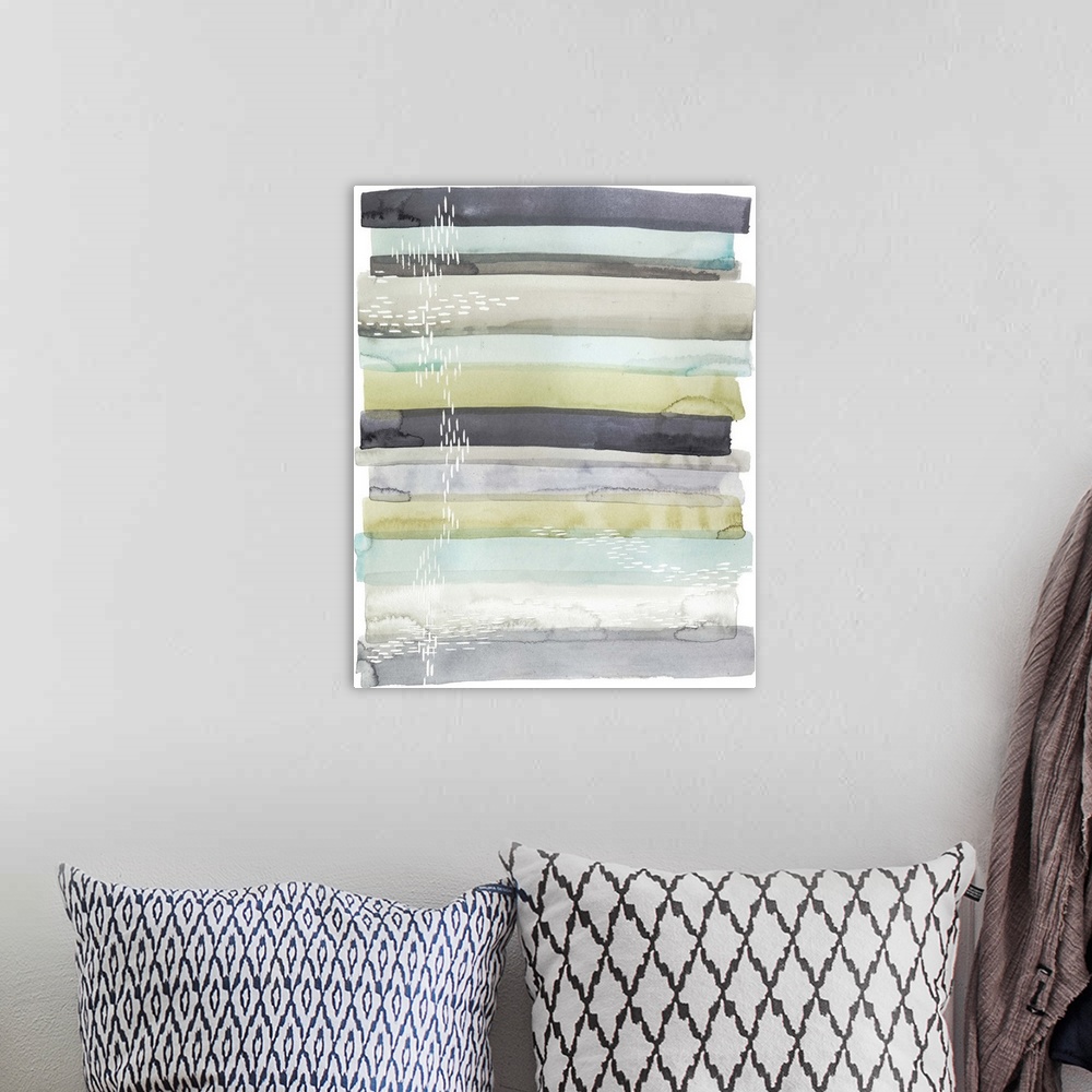 A bohemian room featuring Watercolor painting of layered stripes in muted colors.