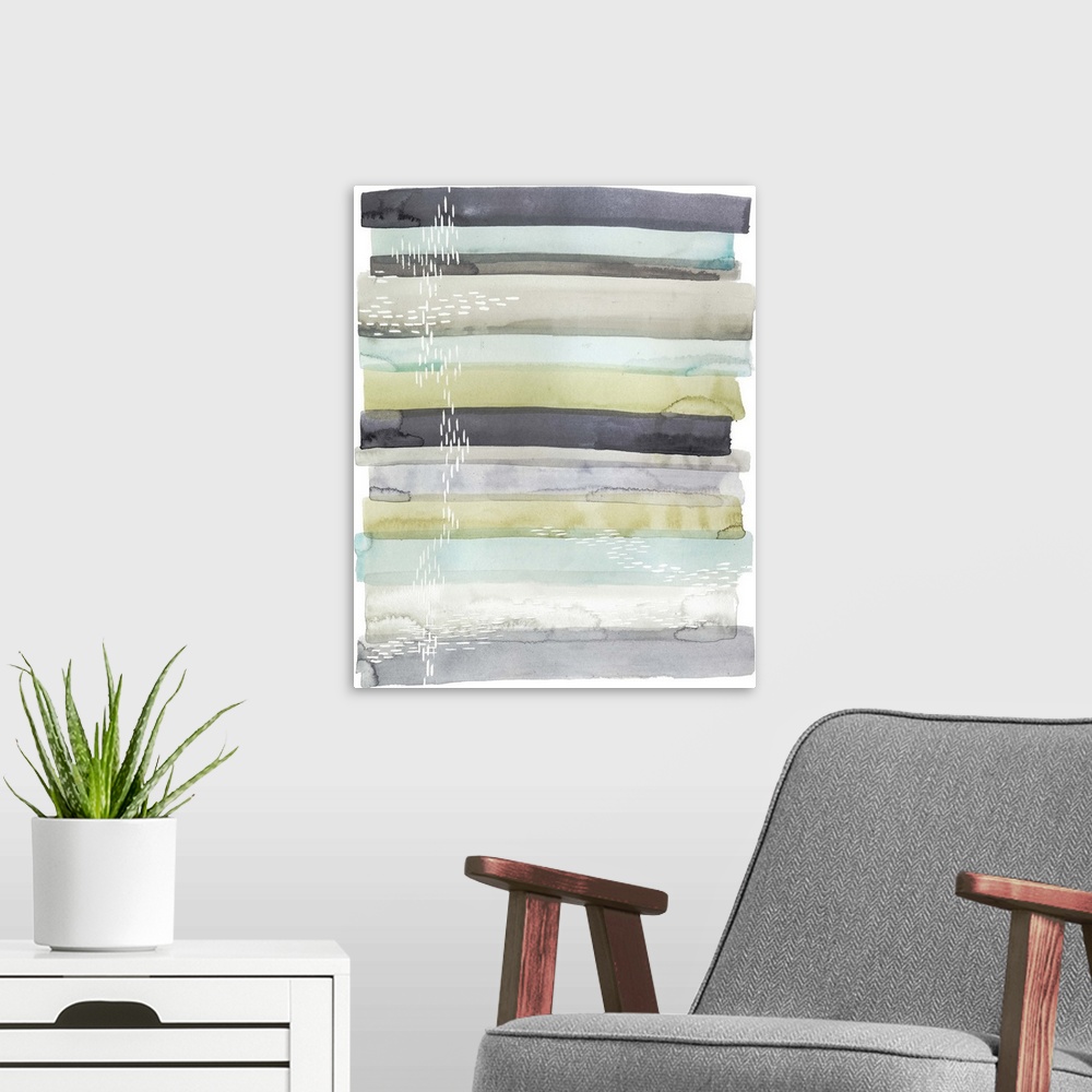 A modern room featuring Watercolor painting of layered stripes in muted colors.
