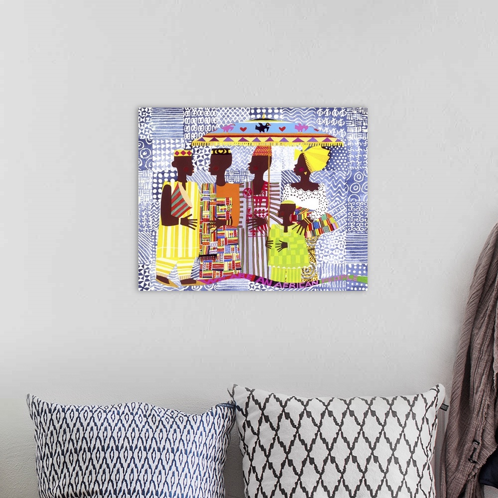 A bohemian room featuring Contemporary vibrant and colorful African artwork.