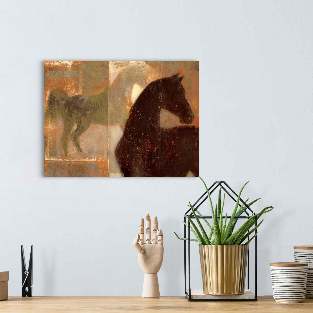 A bohemian room featuring Rough textured artwork of two horses.