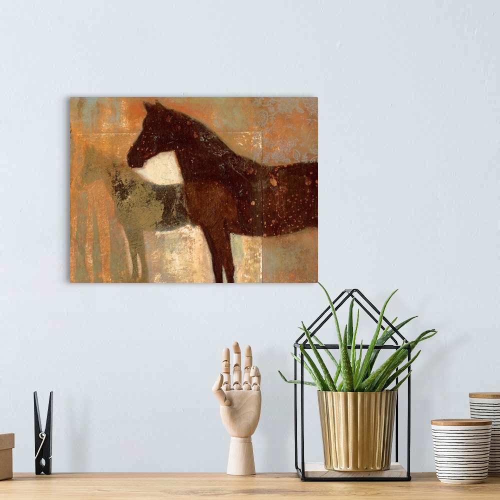 A bohemian room featuring Contemporary painting of horse silhouettes covered in paint splatters with floral design in one c...