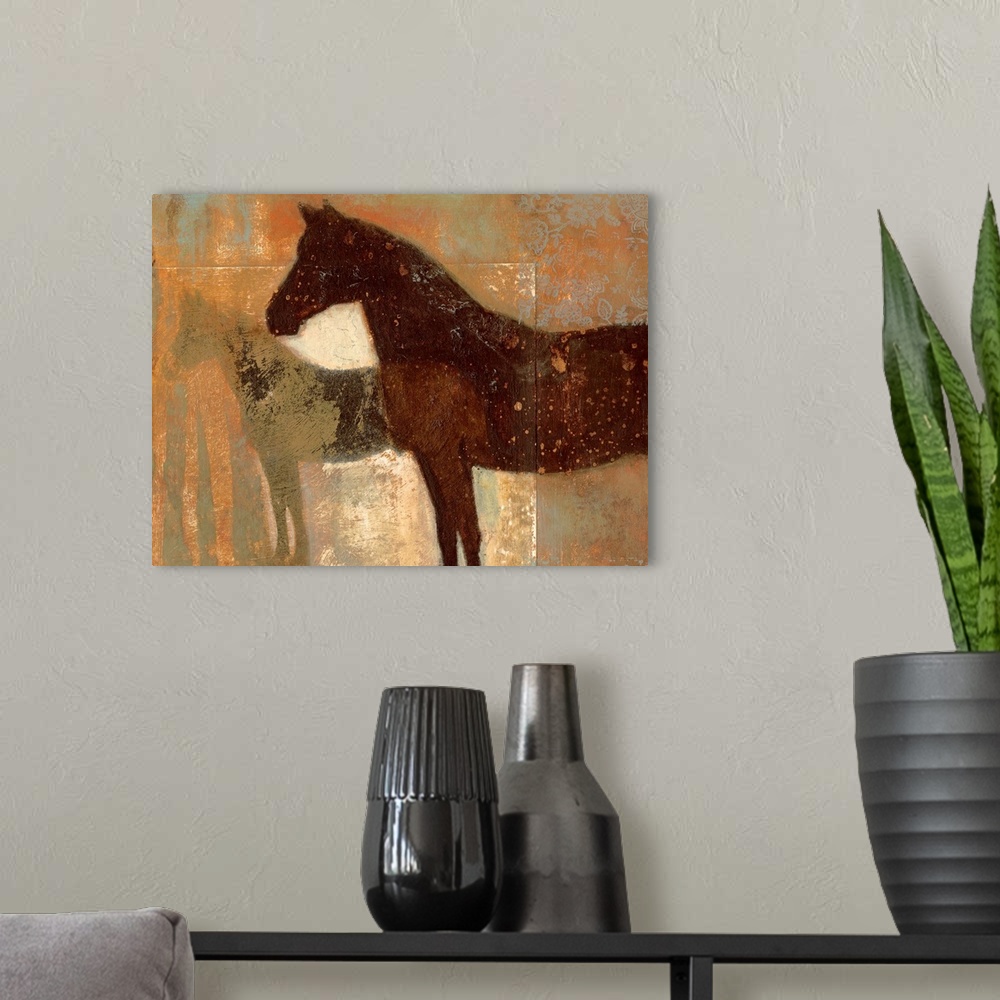 A modern room featuring Contemporary painting of horse silhouettes covered in paint splatters with floral design in one c...