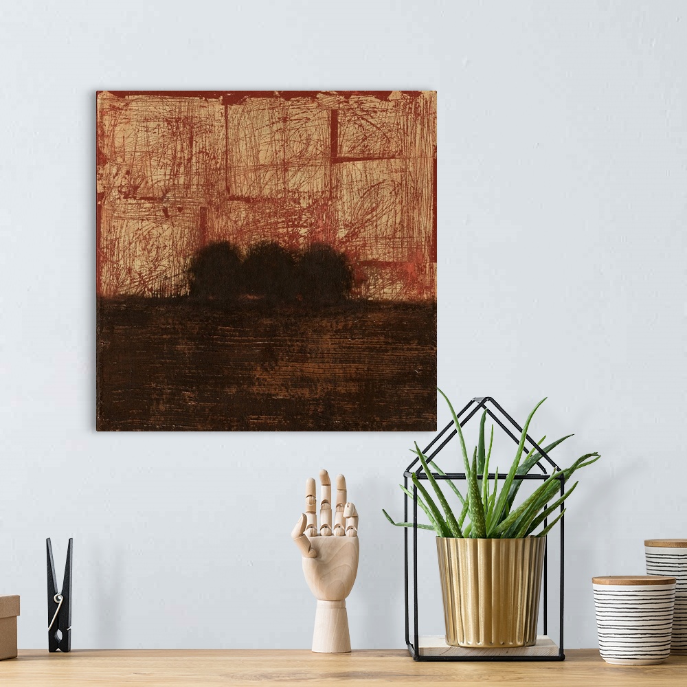 A bohemian room featuring A contemporary abstract painting of a weathered and dark landscape.