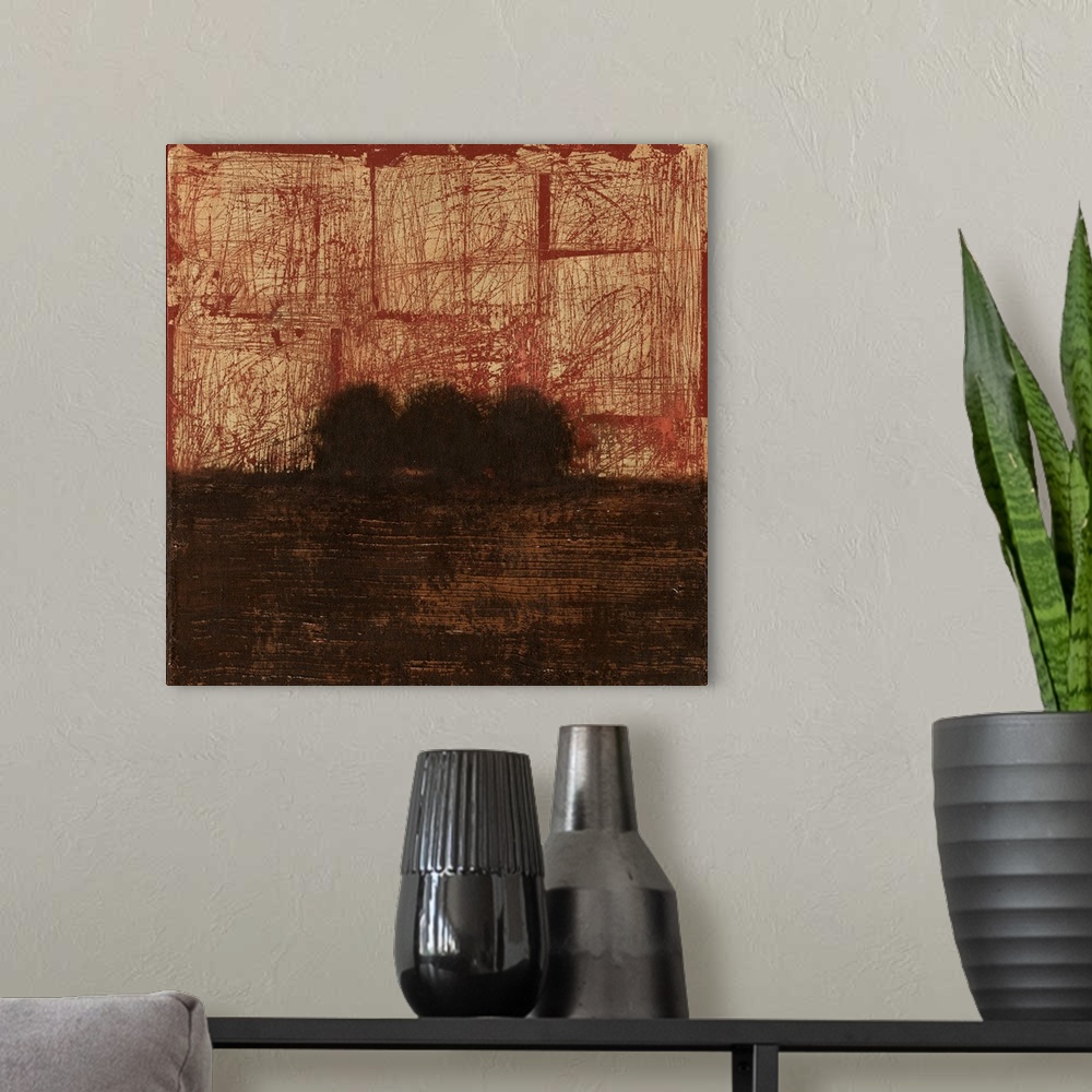 A modern room featuring A contemporary abstract painting of a weathered and dark landscape.