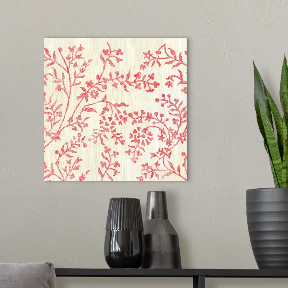 A modern room featuring Square decorative artwork of a repetitive pattern a floral design with a light streak overlay.