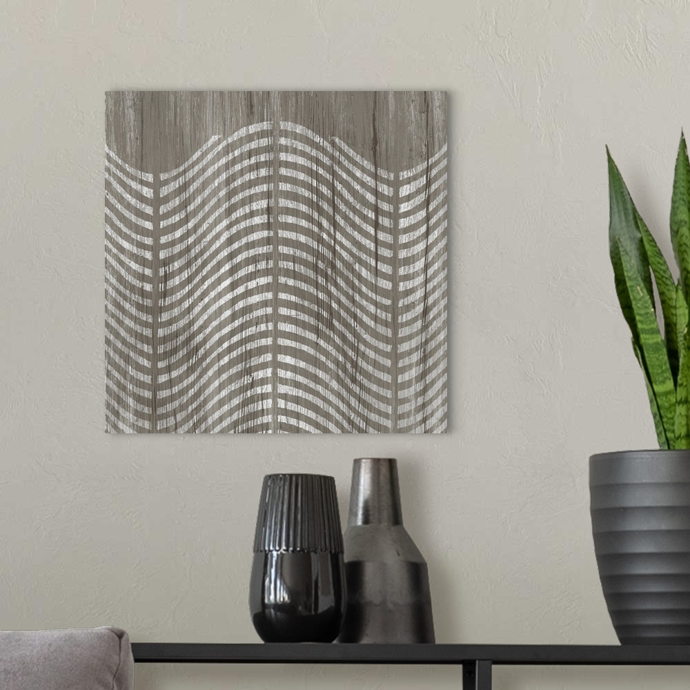 A modern room featuring Square decorative artwork of a repetitive pattern of curved lines with a light streak overlay.