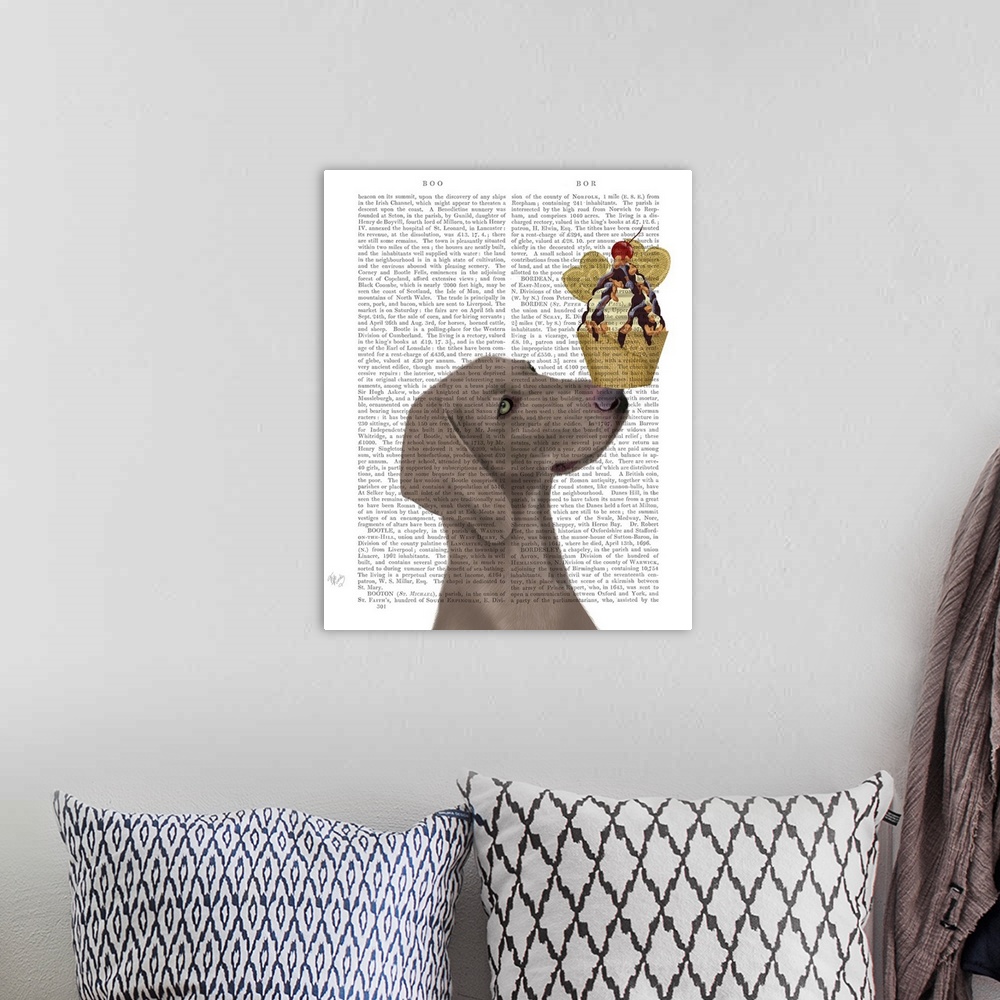 A bohemian room featuring Decorative artwork of a Weimaraner balancing an ice cream sundae on its nose, painted on the page...