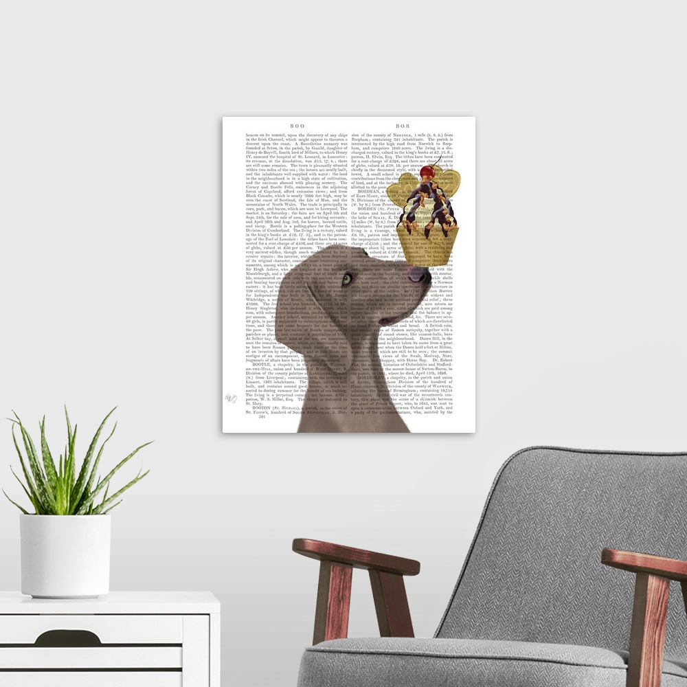 A modern room featuring Decorative artwork of a Weimaraner balancing an ice cream sundae on its nose, painted on the page...