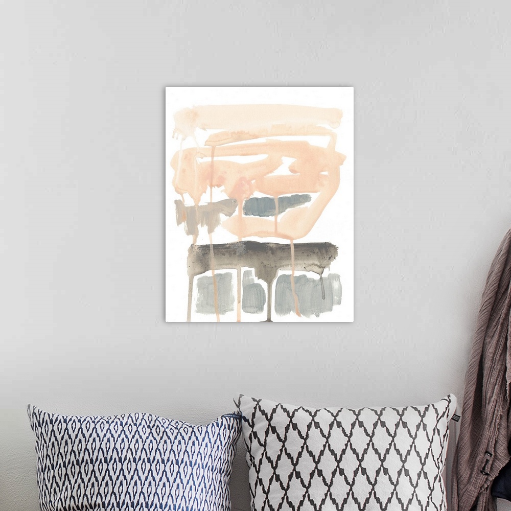 A bohemian room featuring Contemporary abstract painting of soft pink and gray brush strokes and paint drips.