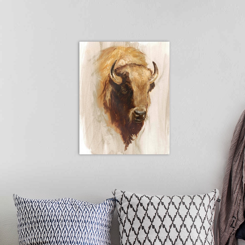 A bohemian room featuring Contemporary portrait of a bison in sepia tones.