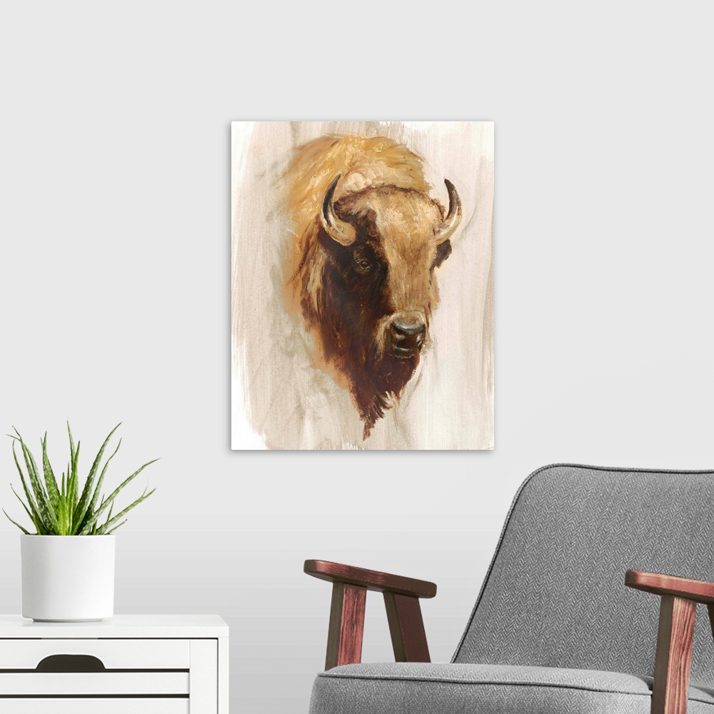 A modern room featuring Contemporary portrait of a bison in sepia tones.