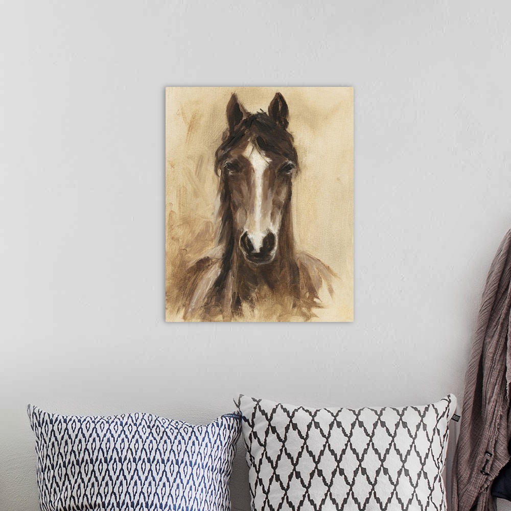 A bohemian room featuring Contemporary portrait of a horse in brown tones.