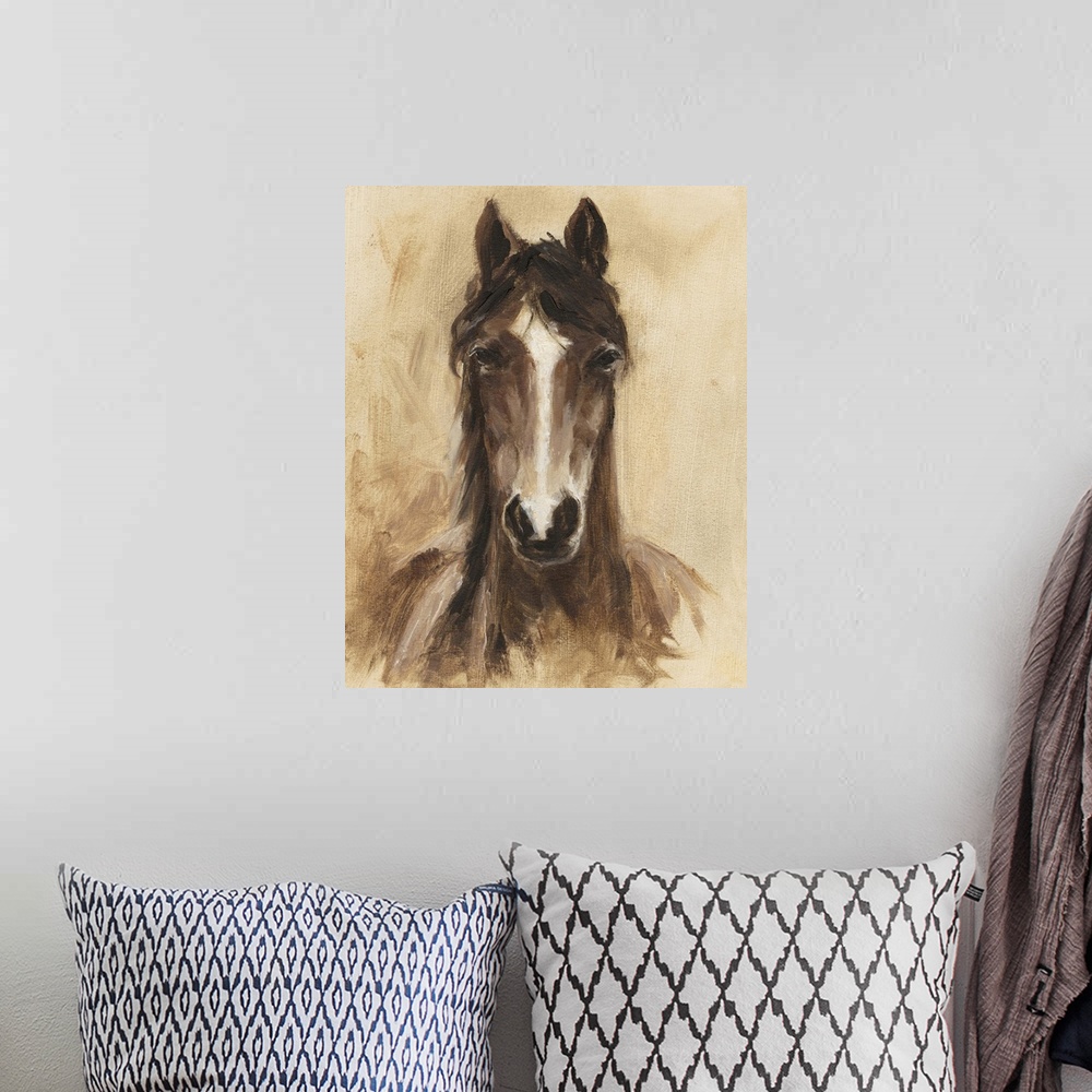 A bohemian room featuring Contemporary portrait of a horse in brown tones.