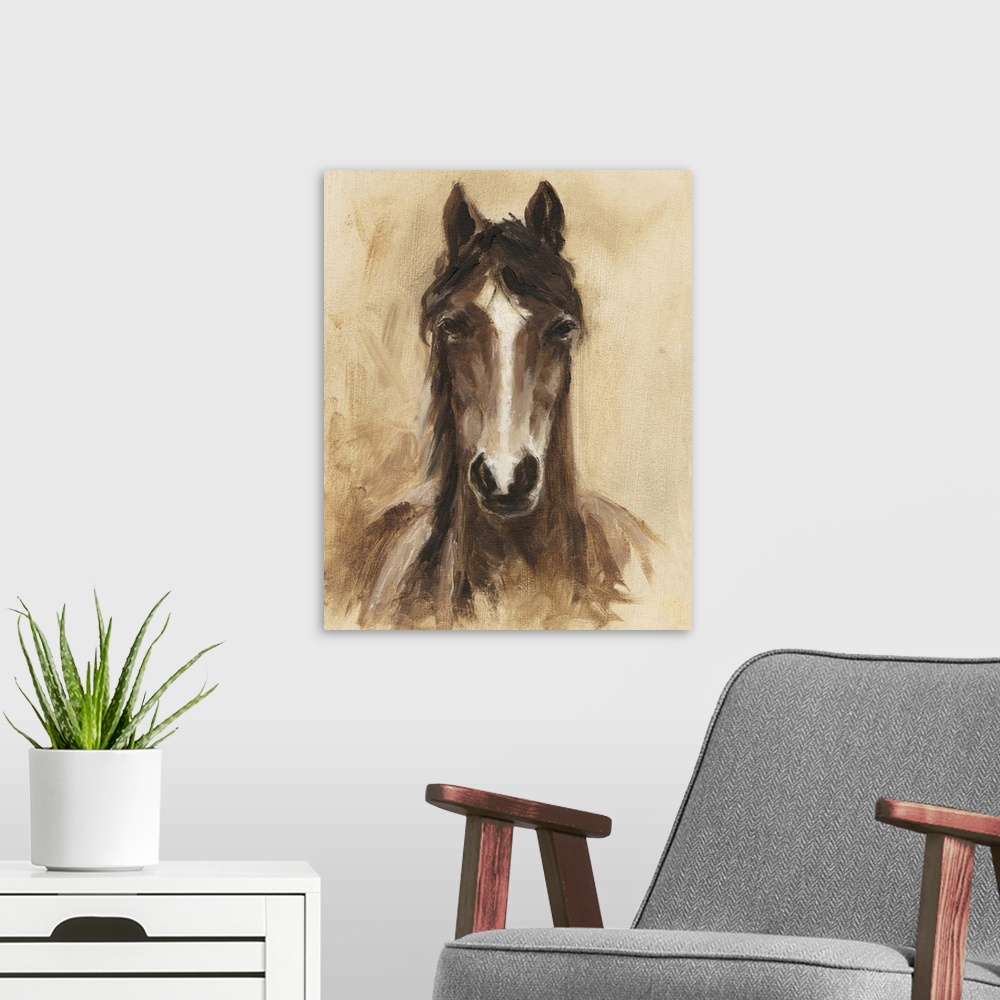 A modern room featuring Contemporary portrait of a horse in brown tones.