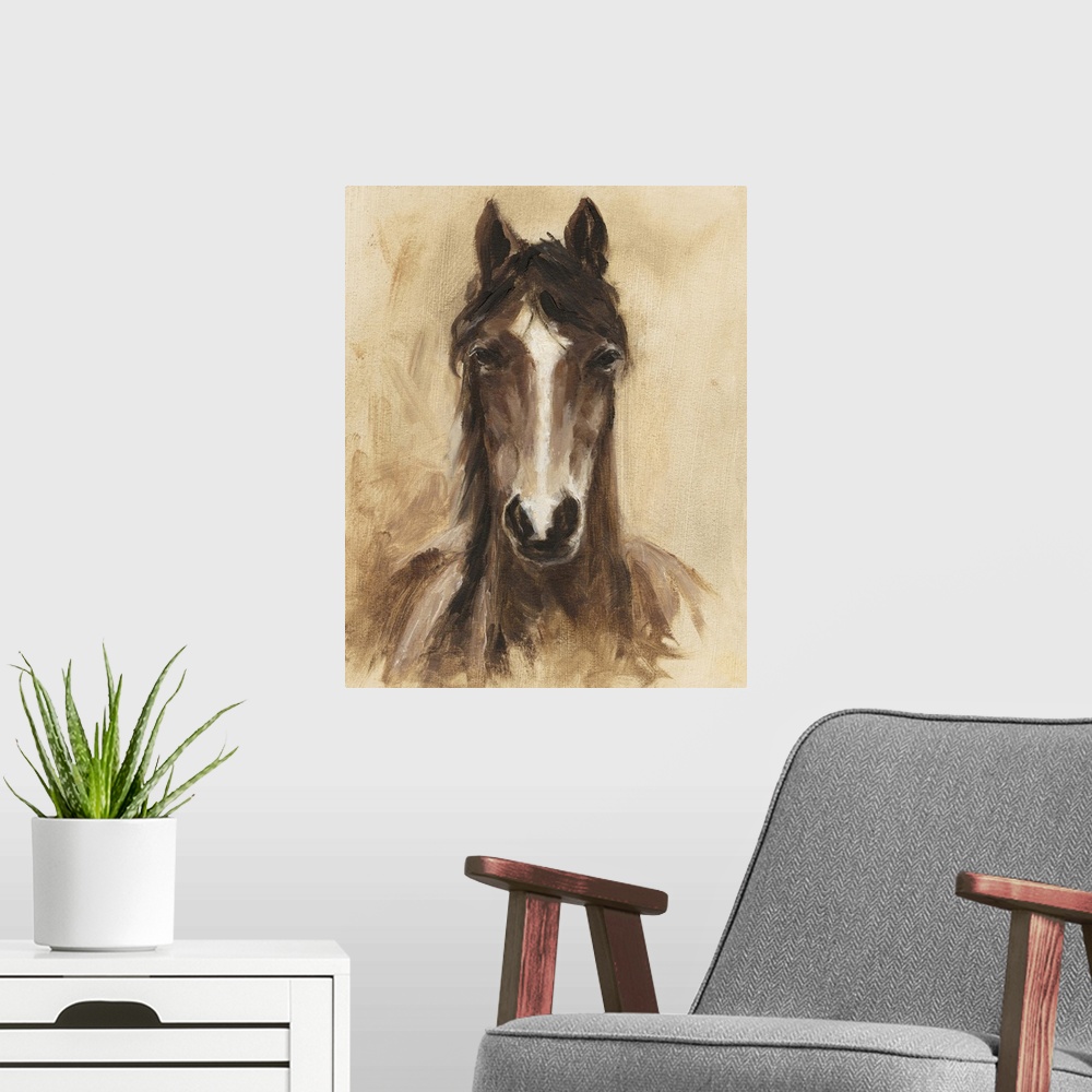 A modern room featuring Contemporary portrait of a horse in brown tones.