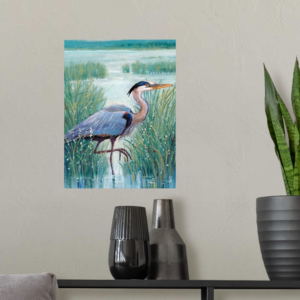 A modern room featuring Wetland Heron I