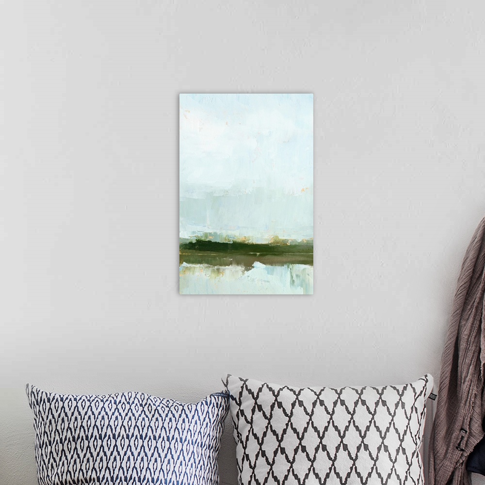 A bohemian room featuring Contemporary landscape painting of a wetland on the horizon.