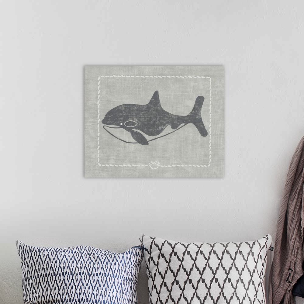 A bohemian room featuring Contemporary children's nursery room art of a whale.