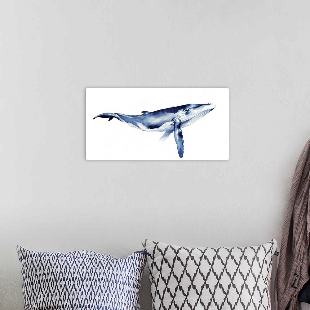 A bohemian room featuring Contemporary watercolor painting of a whale against a white background.