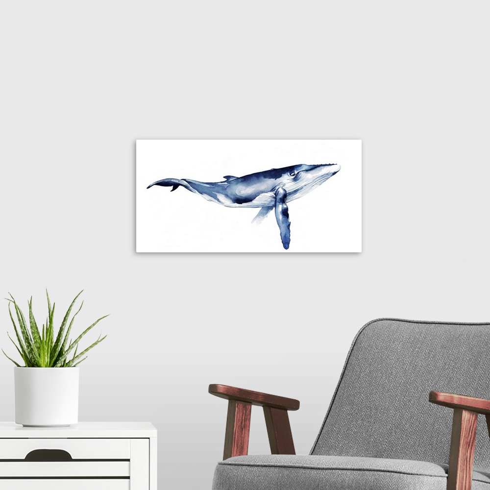 A modern room featuring Contemporary watercolor painting of a whale against a white background.