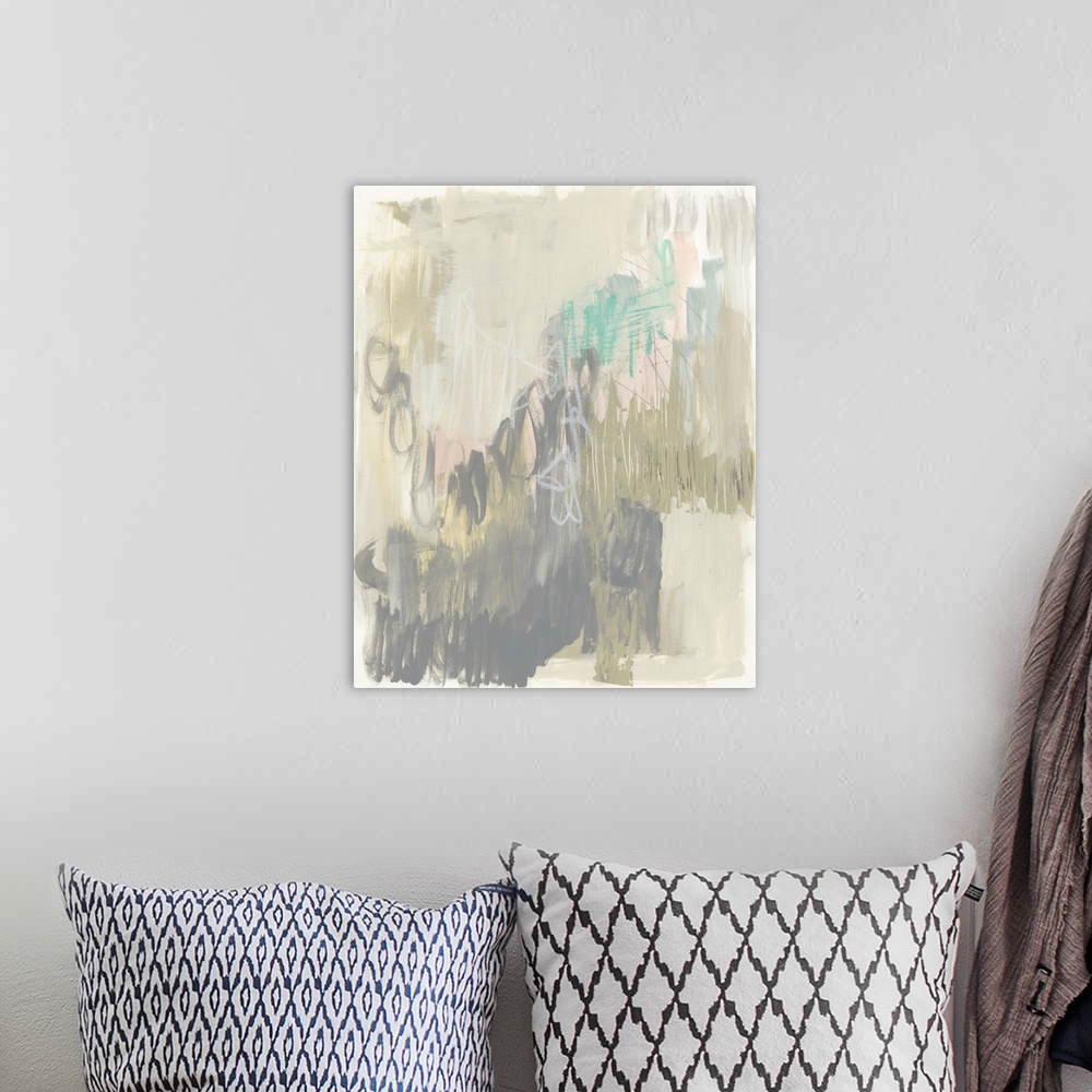 A bohemian room featuring Contemporary abstract painting in neutral tones.