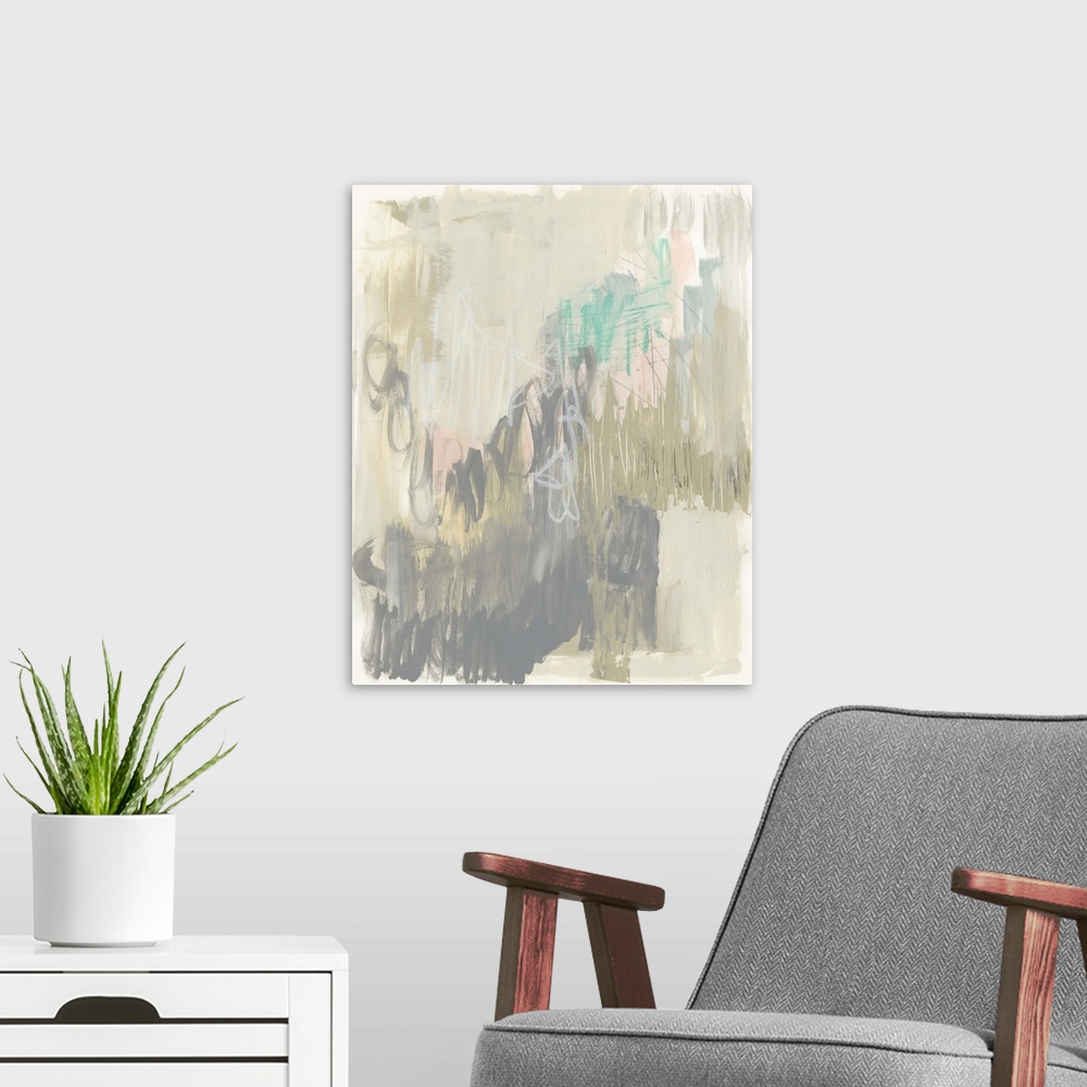 A modern room featuring Contemporary abstract painting in neutral tones.