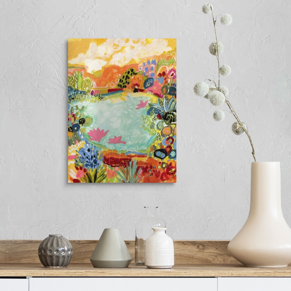 A farmhouse room featuring Contemporary artwork of flowers blooming around a tropical pond.