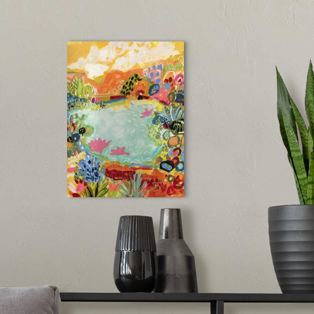 A modern room featuring Contemporary artwork of flowers blooming around a tropical pond.