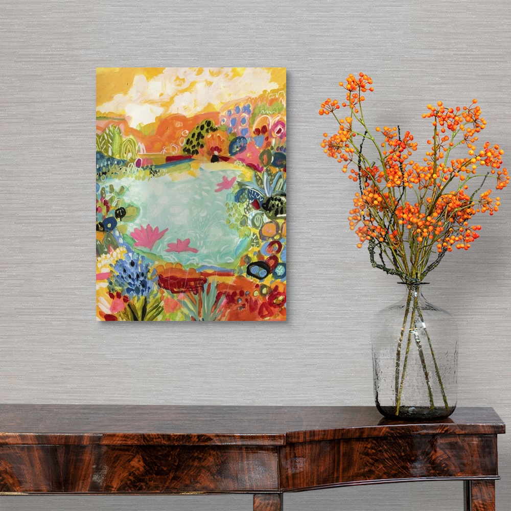 A traditional room featuring Contemporary artwork of flowers blooming around a tropical pond.