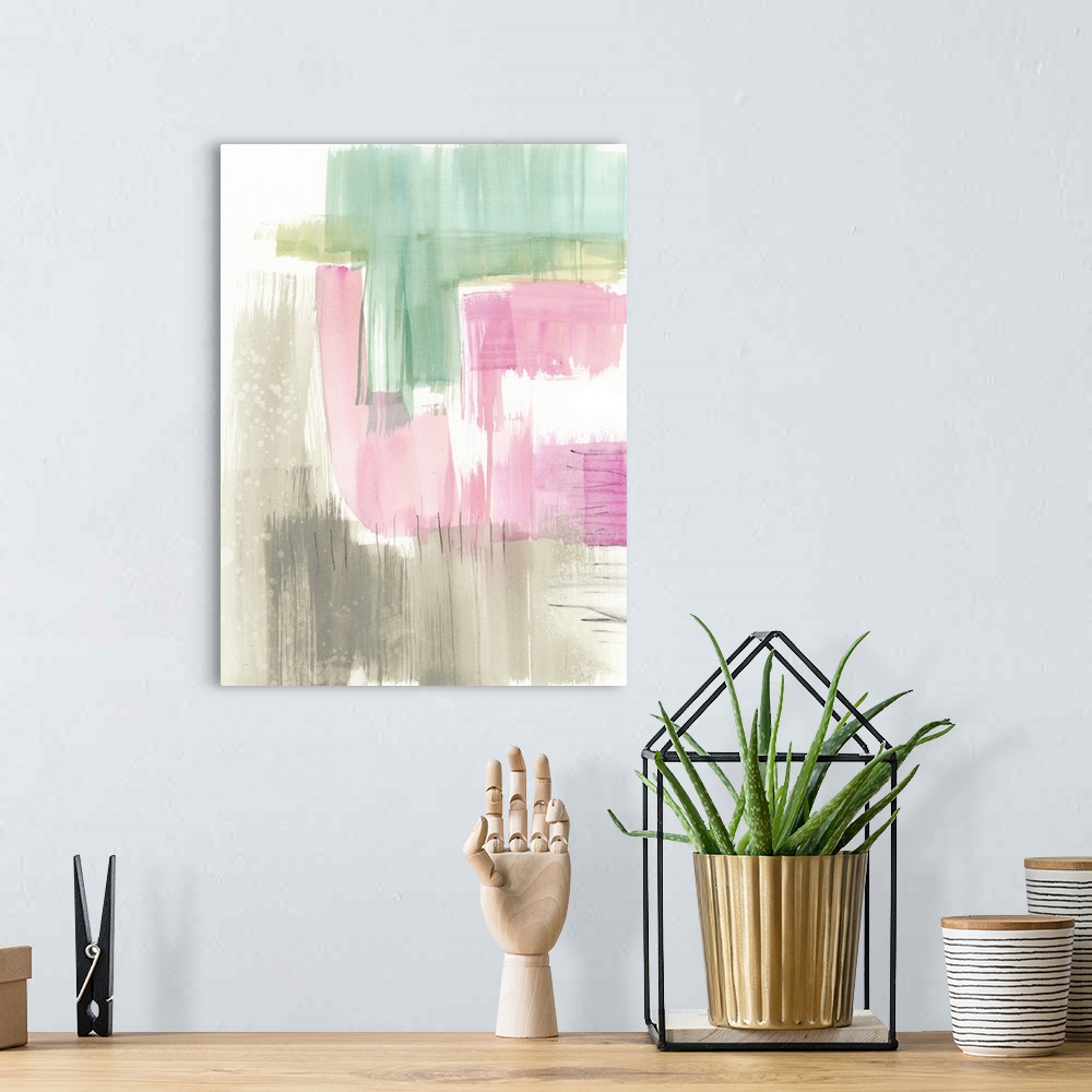 A bohemian room featuring This abstract watercolor is comprised of visible brush strokes of splendid color over a white bac...
