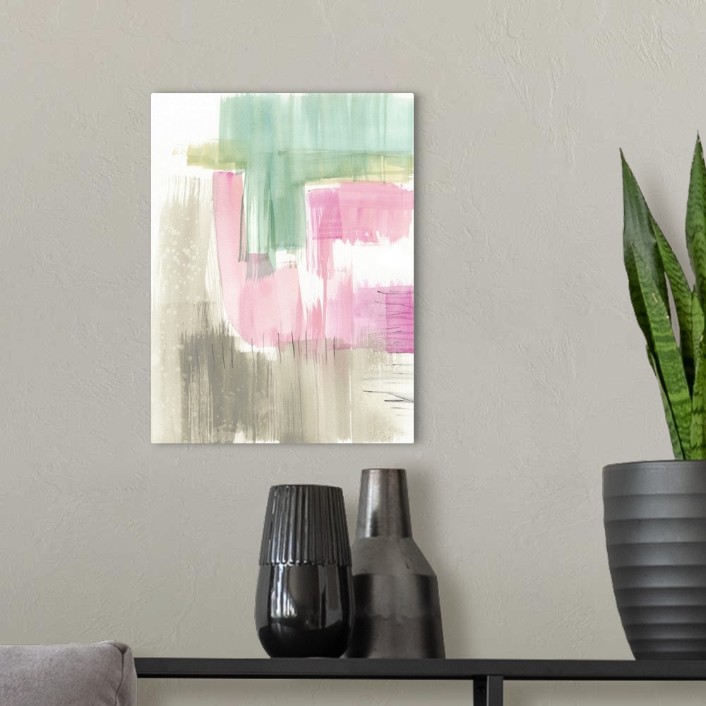 A modern room featuring This abstract watercolor is comprised of visible brush strokes of splendid color over a white bac...